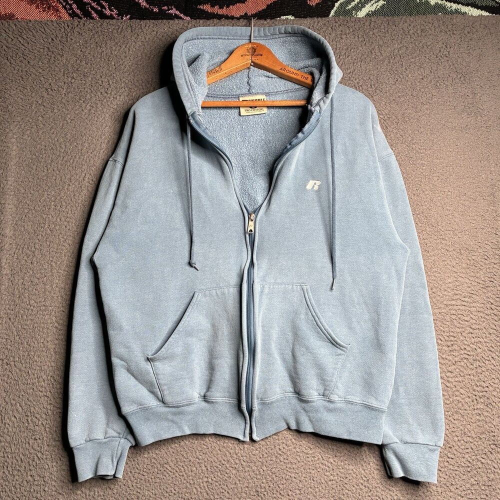 Vintage Russell Athletic Hoodie Mens Medium Light Blue Pro Cotton Full Zip Y2K